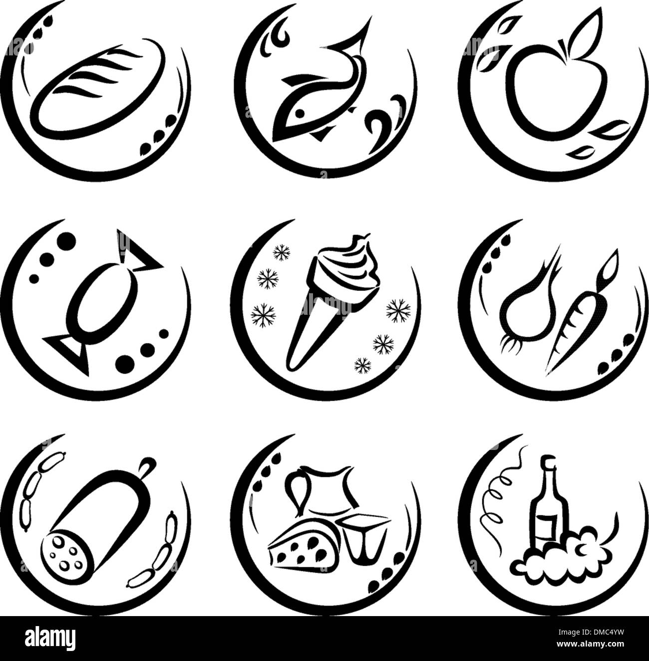 L'alimentation du marché icons set, les étiquettes d'aliments symboles Illustration de Vecteur