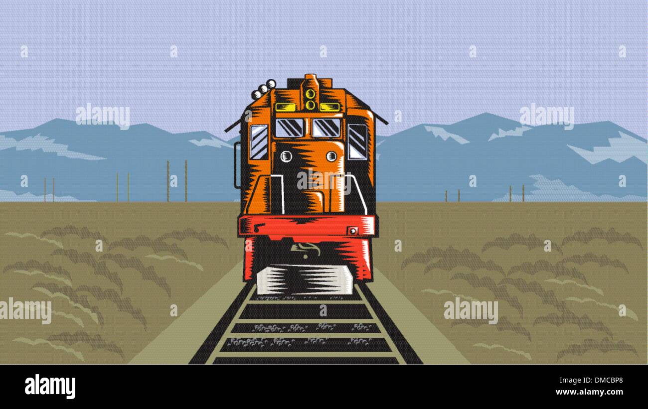 Diesel Train Avant Arrière Woodcut Retro Illustration de Vecteur