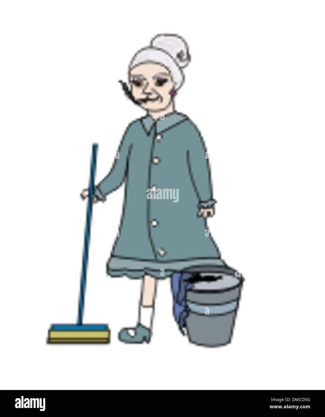 Personnage de femme de ménage avec un balai, illustration vectorielle, isol Illustration de Vecteur