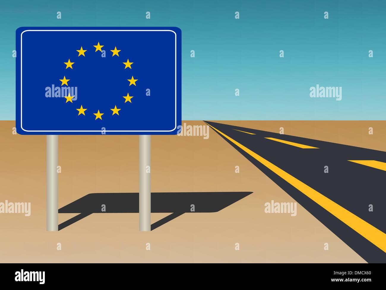 Un drapeau de l'Union européenne signe de route sur fond de ciel bleu Illustration de Vecteur