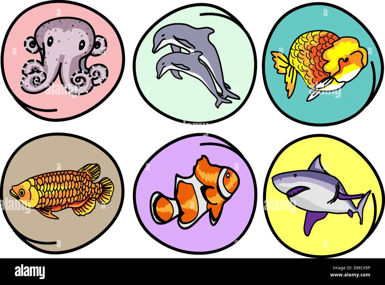 Un ensemble d'animaux aquatiques sur fond rond Illustration de Vecteur
