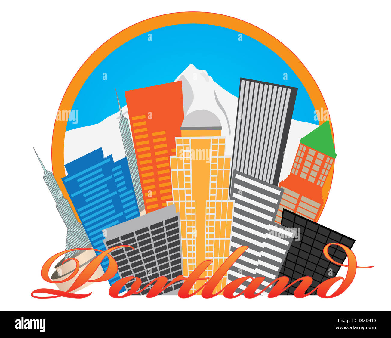 Résumé de l'Oregon Portland Downtown City Skyline avec Mount Hood illustration isolé sur fond blanc Banque D'Images