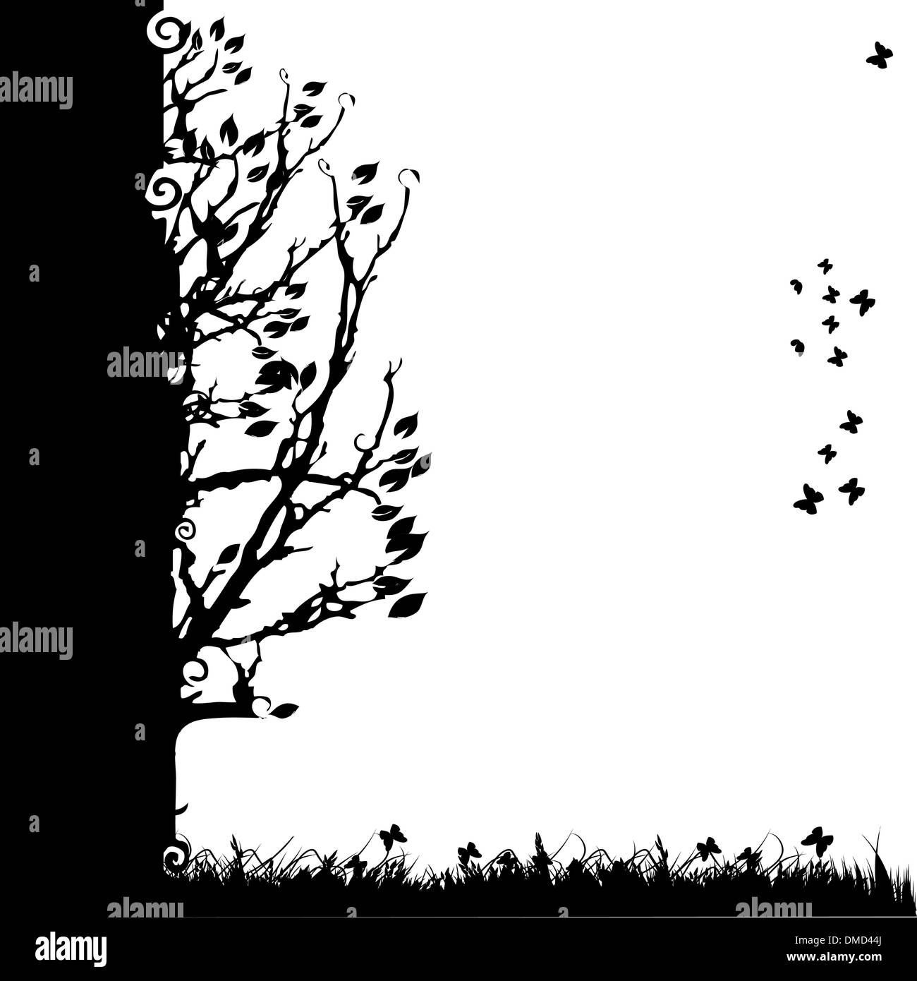 La silhouette des arbres vieux, la saison, l'arrière-plan noir et blanc Illustration de Vecteur