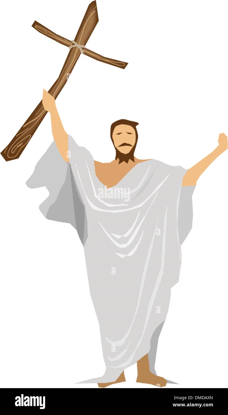 Jésus Christ priant avec une croix en bois. Illustration de Vecteur