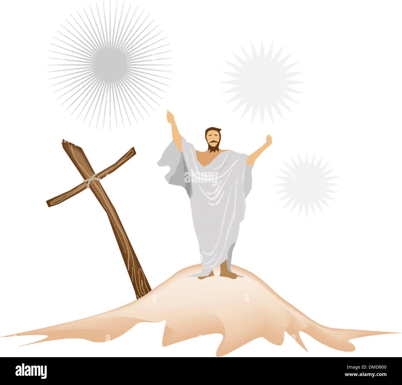 Jésus Christ avec croix en bois sur une montagne Illustration de Vecteur