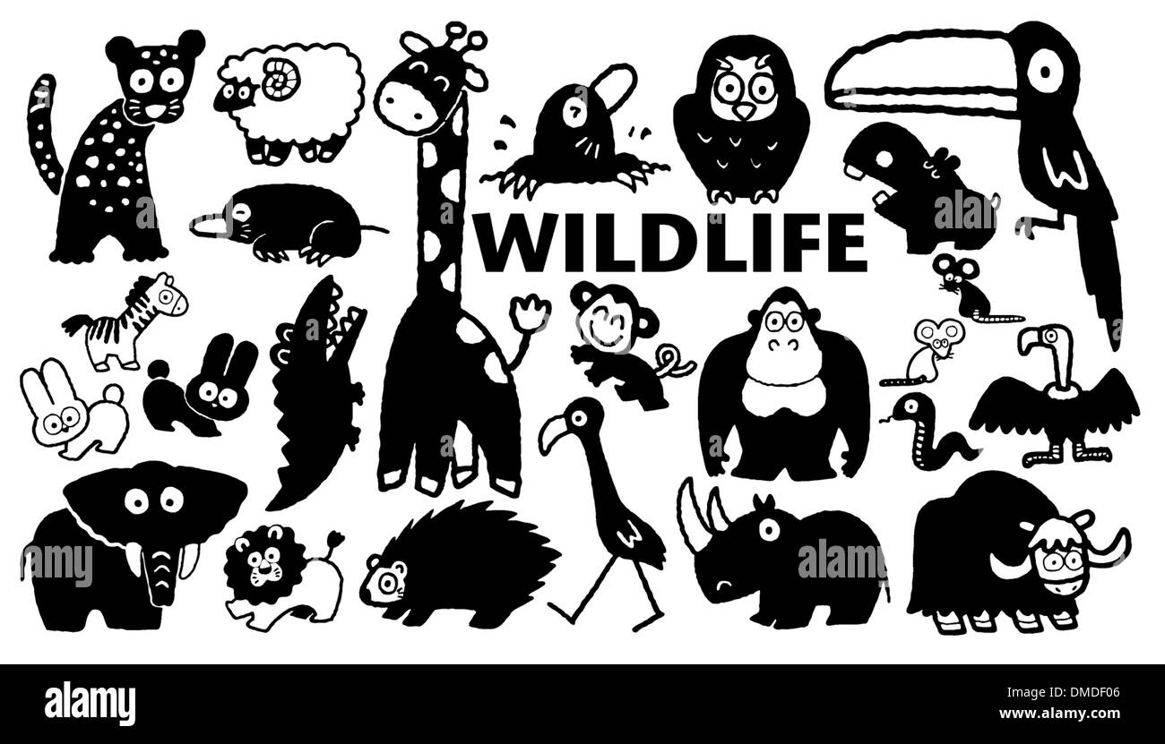 Caricature de la faune d'icônes dans le noir Illustration de Vecteur