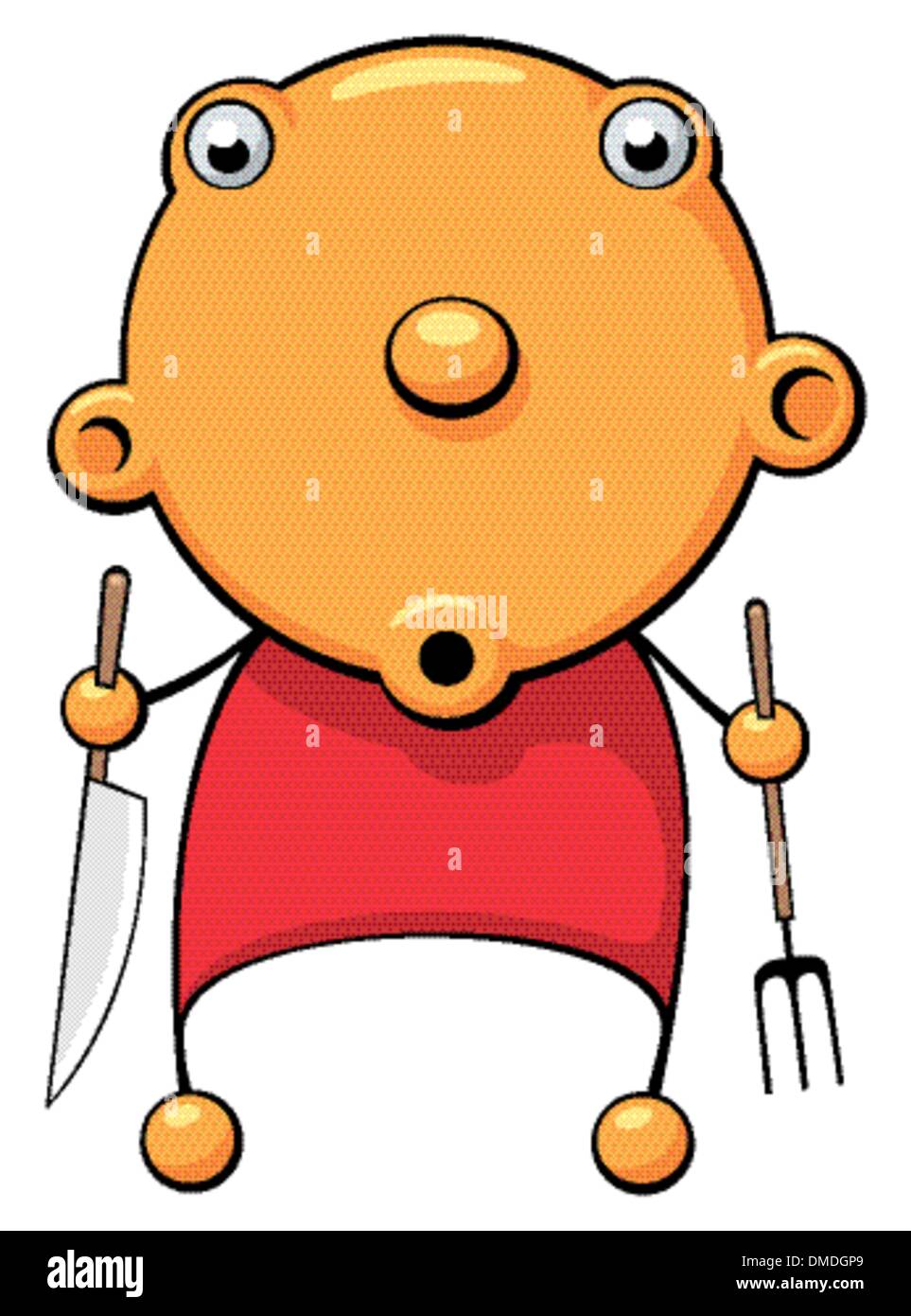 Bébé affamé avec fourchette et couteau dans ses mains à la recherche de nourriture Illustration de Vecteur