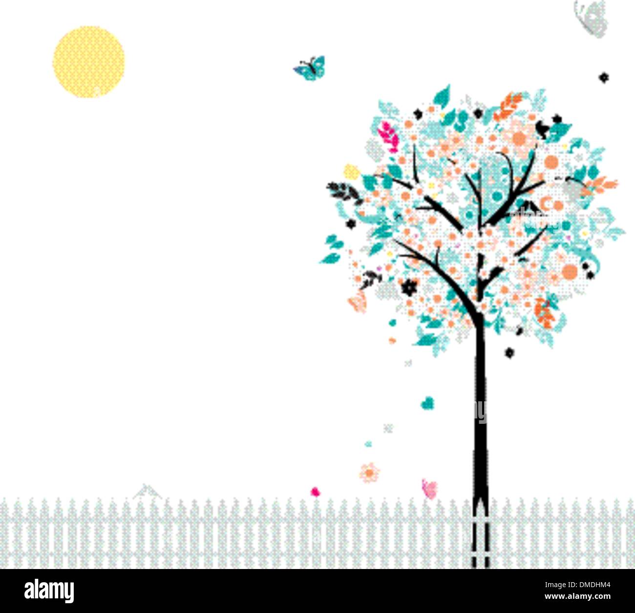 Arbre à fleurs belle pour votre conception, oiseaux sur fence Illustration de Vecteur