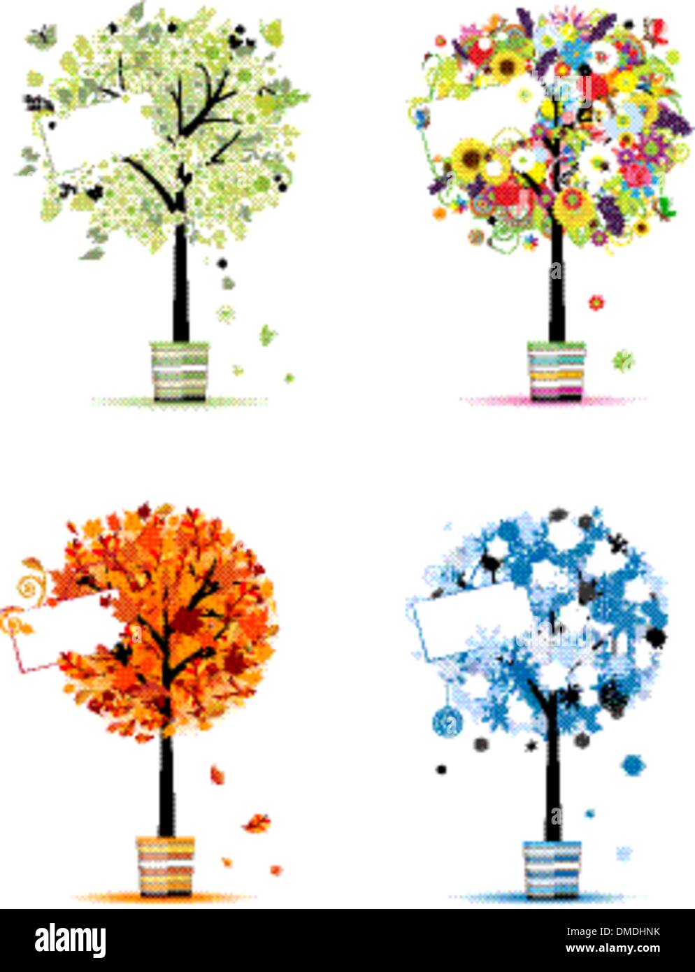 Quatre saisons - printemps, été, automne, hiver. Les arbres d'art en pots pour votre conception Illustration de Vecteur
