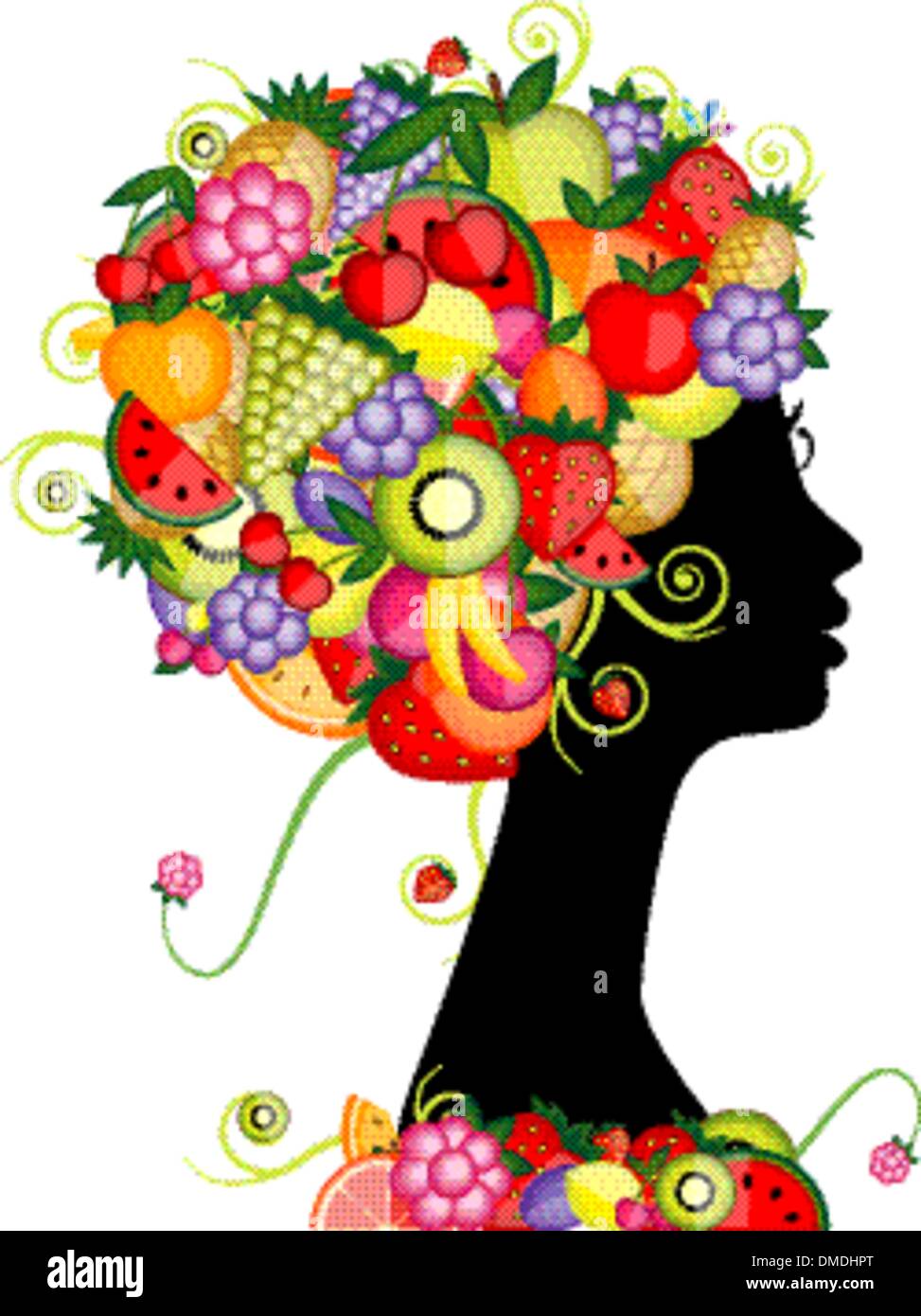 Profil femme silhouette, hairstyle avec des fruits pour votre conception Illustration de Vecteur