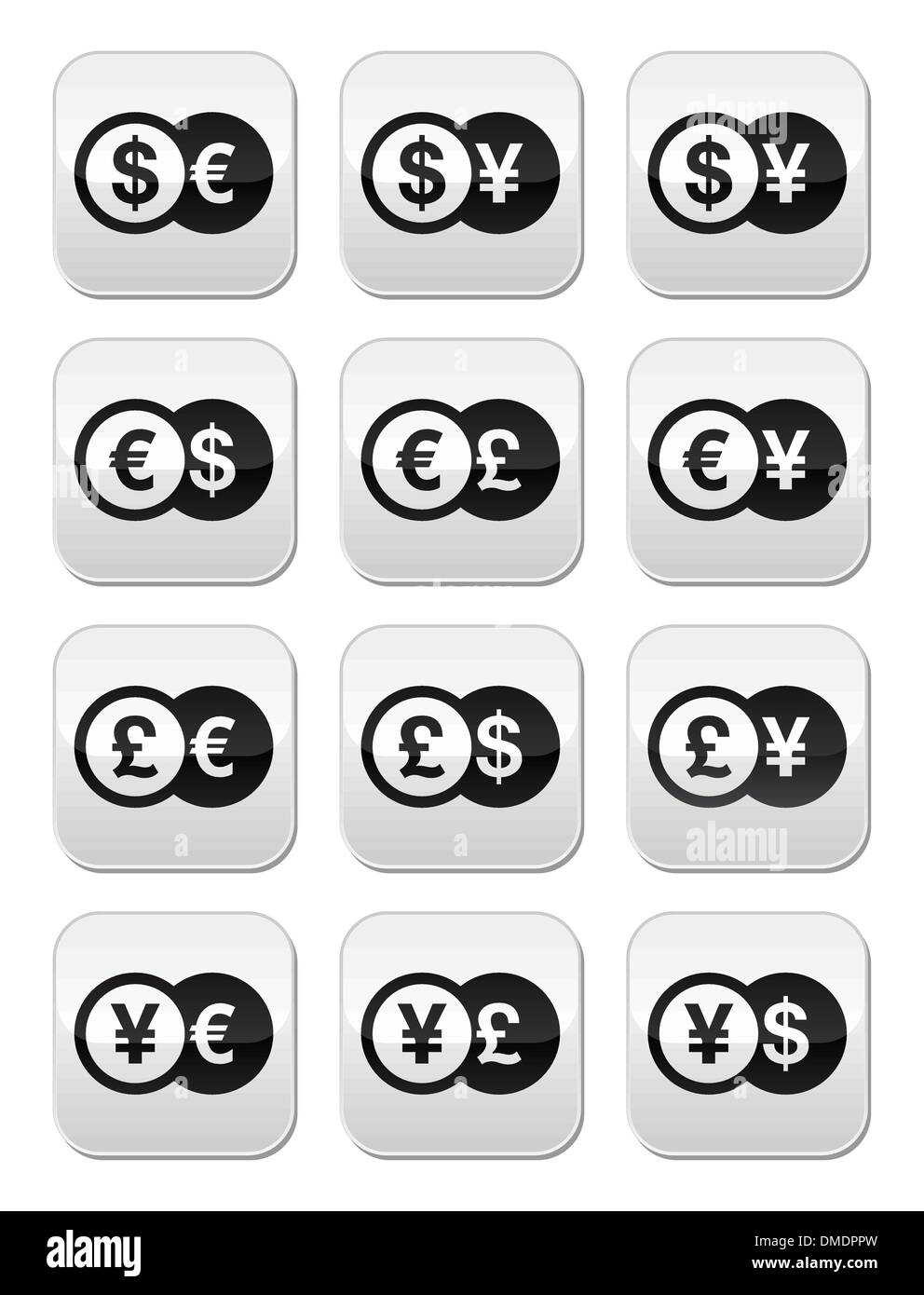 Boutons d'argent change set - dollar, euro, yen, livre Illustration de Vecteur