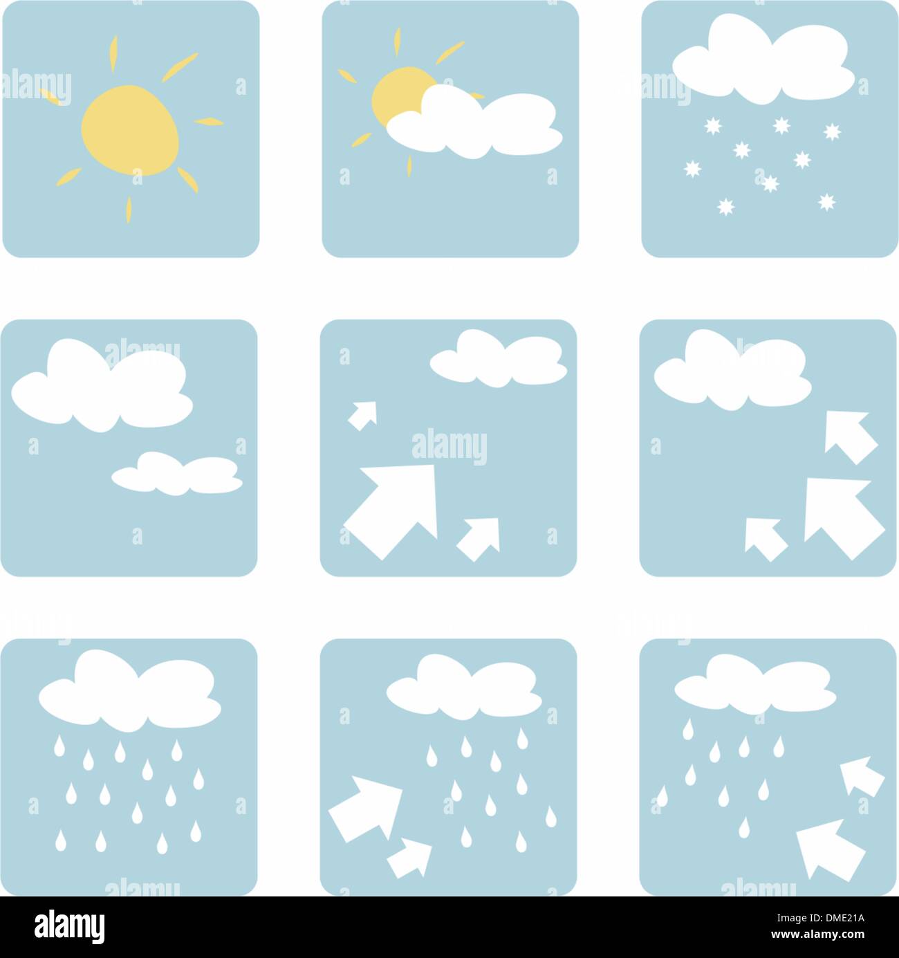 Icônes météo vector illustration - clip art isolé sur fond blanc avec Soleil, nuages, neige, pluie et vent Illustration de Vecteur