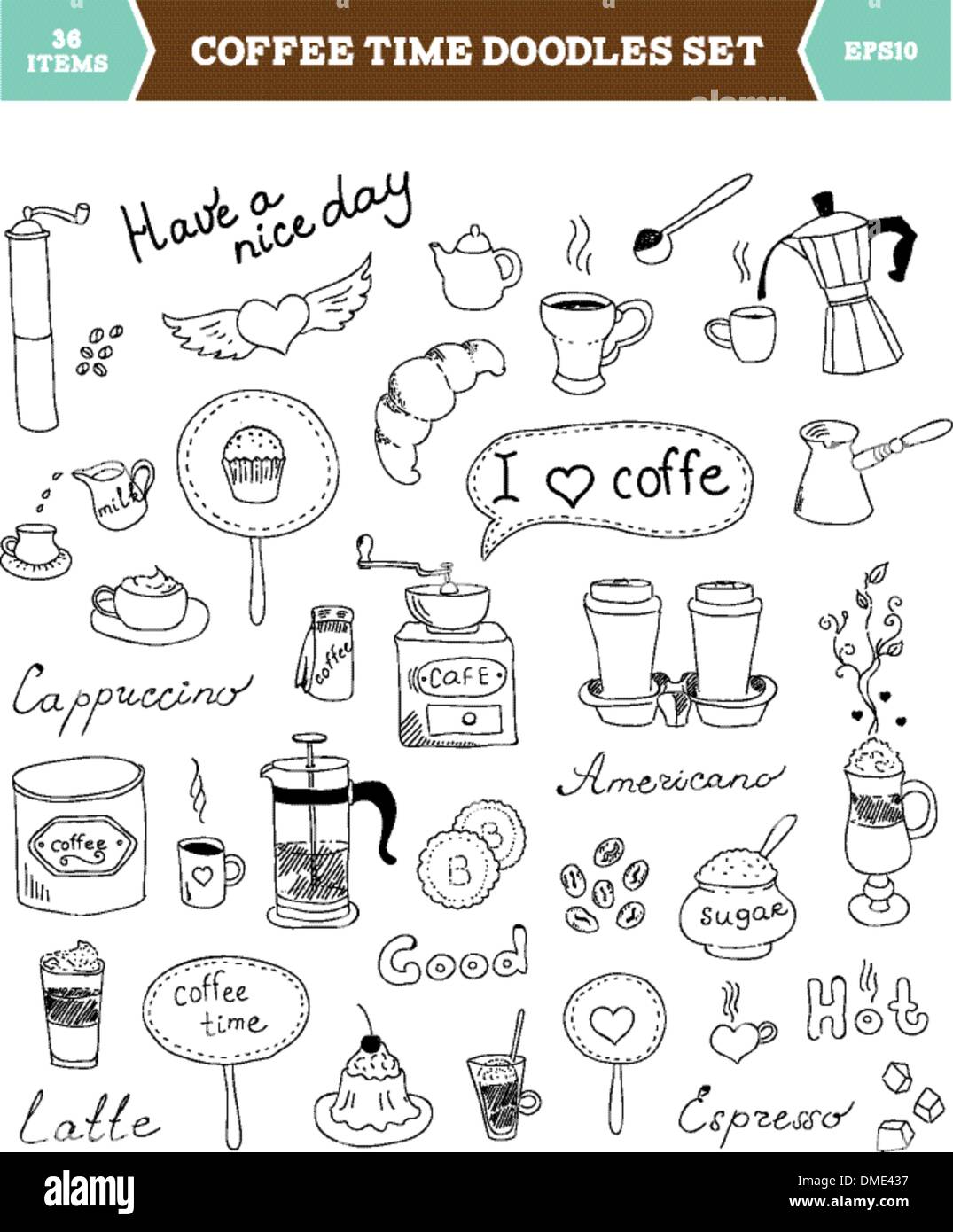 Éléments du vecteur doodles Café Illustration de Vecteur