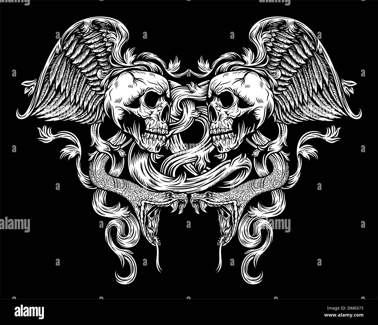 Winged Skull avec serpent Vector Illustration de Vecteur