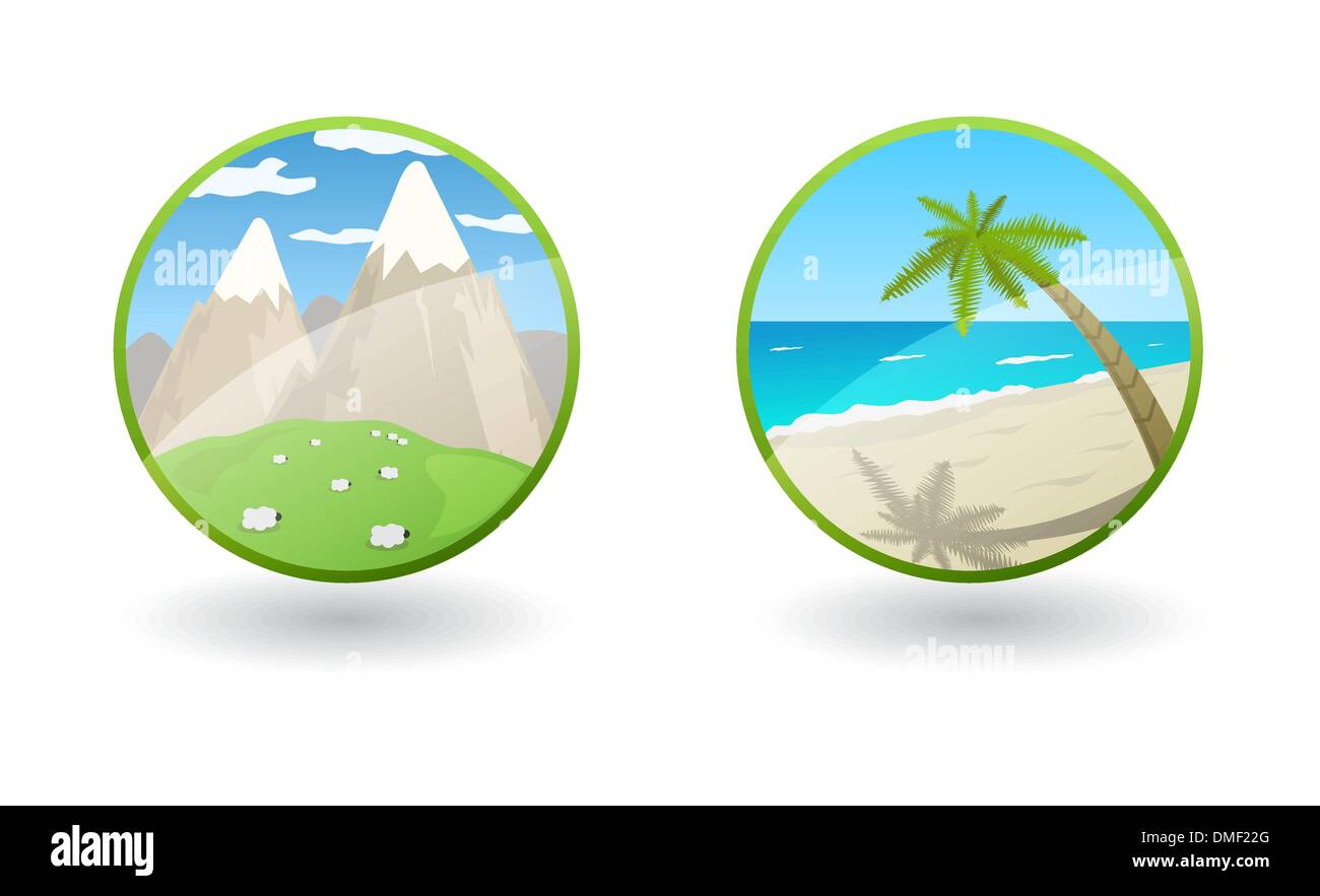 Vector travel icons avec vue sur la mer et les montagnes Illustration de Vecteur