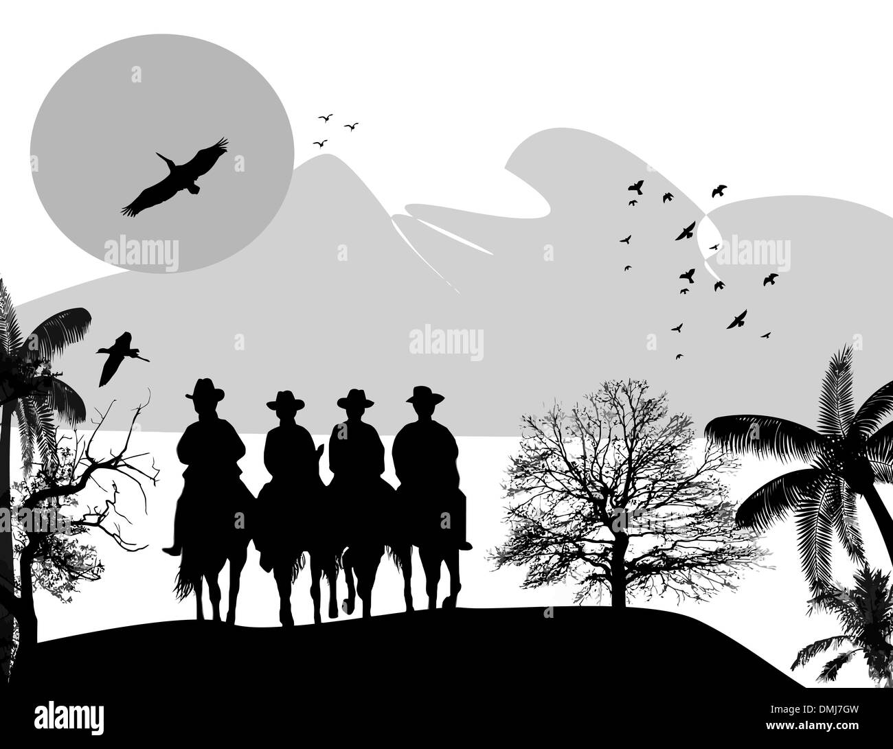 Cowboys Silhouette avec les chevaux Illustration de Vecteur