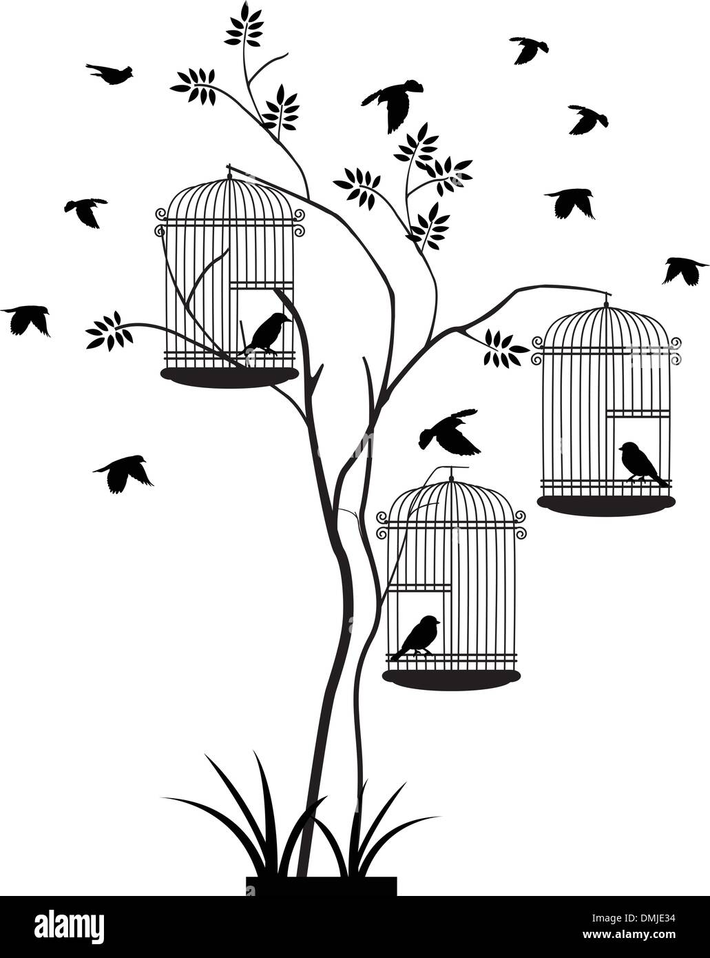 Illustration oiseau en vol avec un amour pour l'oiseau dans la cage Illustration de Vecteur