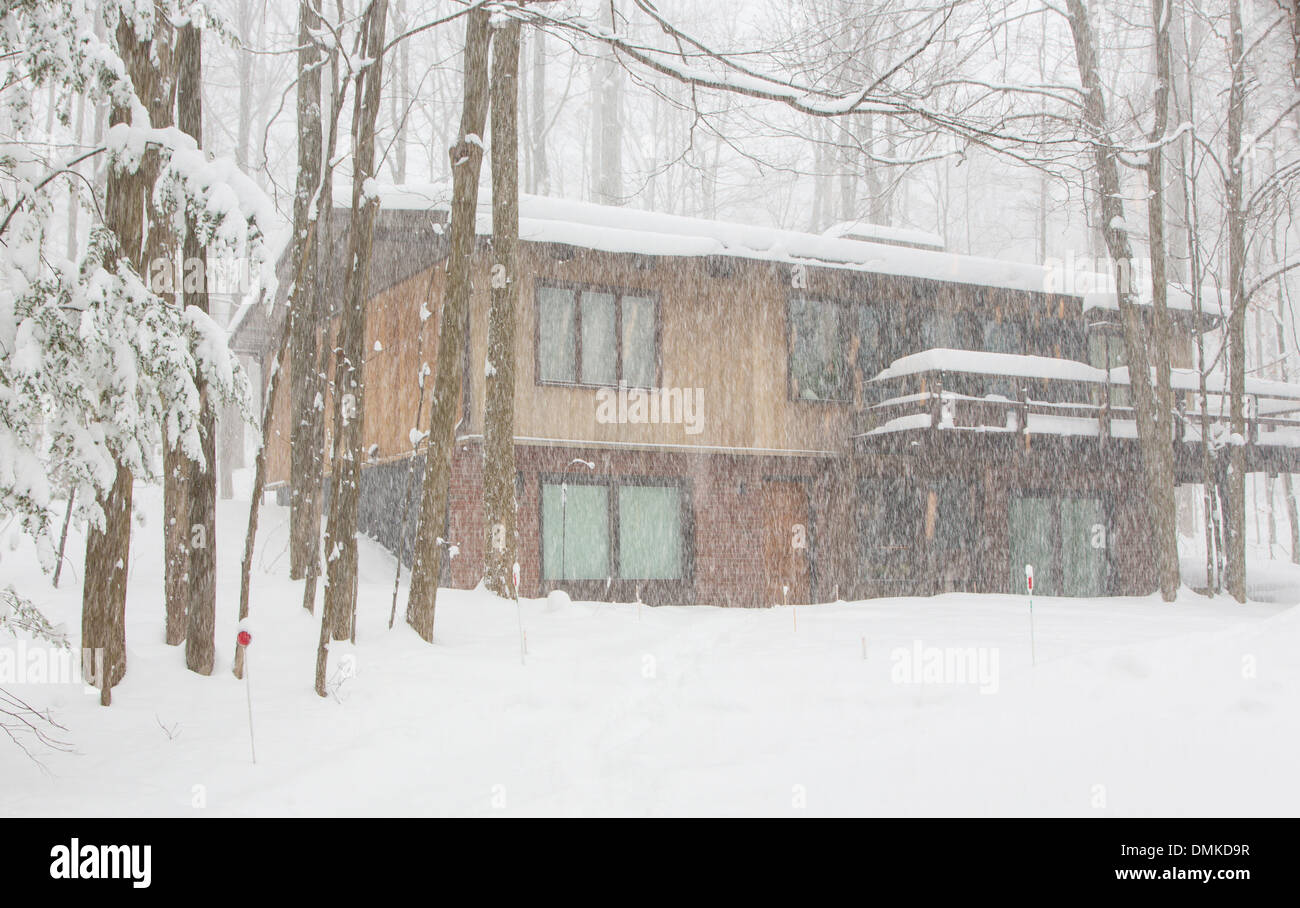 Maison en bois avec la neige qui tombe en hiver, Ouest de l'État de New York Banque D'Images