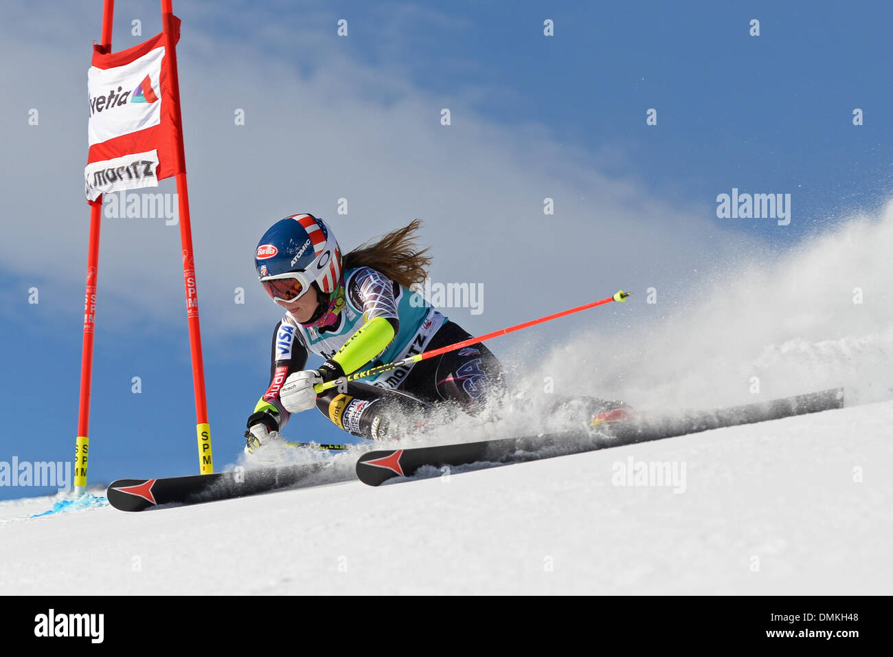 St Moritz, Suisse. Le 15 décembre, 2013. Mikaela Shiffrin des USA des vitesses le cours pendant l'AUDI FIS Alpine Ski World Cup race slalom géant le 15 décembre 2013 à St Moritz, en Suisse. Credit : Mitchell Gunn/ESPA/Alamy Live News Banque D'Images