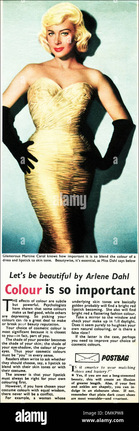 Années 1950, la publicité. Original Vintage magazine advertisement annonce pour conseils beauté par actrice Arlene Dahl Banque D'Images