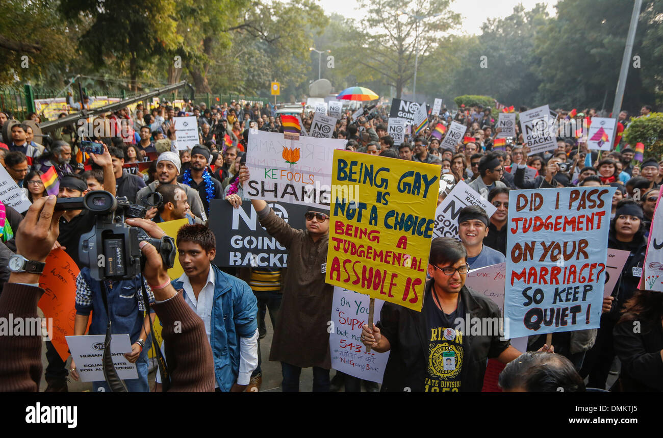 Delhi, Inde. Le 15 décembre 2013. La communauté LGBT de New Delhi a observé une "journée de colère" et est sorti en très grand nombre pour protester contre la Cour suprême le 11 décembre 2013 décision rétablissant l'article 377 du Code pénal indien, il a fait de l'homosexualité une infraction pénale. Credit : Jiti Chadha/Alamy Live News Banque D'Images