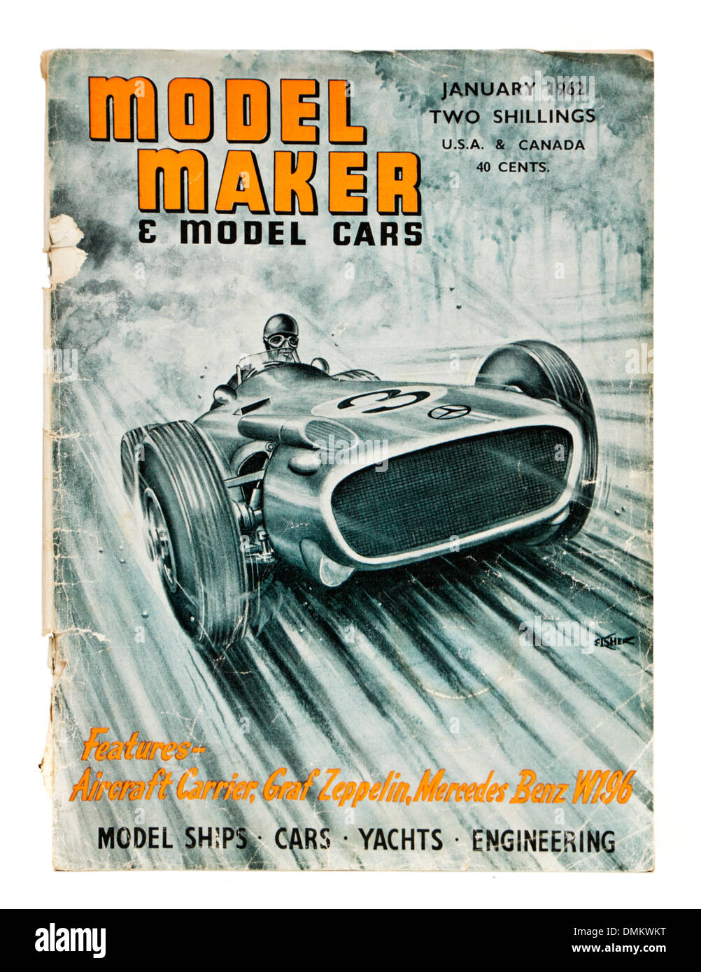 Édition Janvier 1962 "modèle de bouilloire & Model Cars' magazine, doté d''Graf Zeppelin, Mercedes Benz W196 et porte-avions Banque D'Images