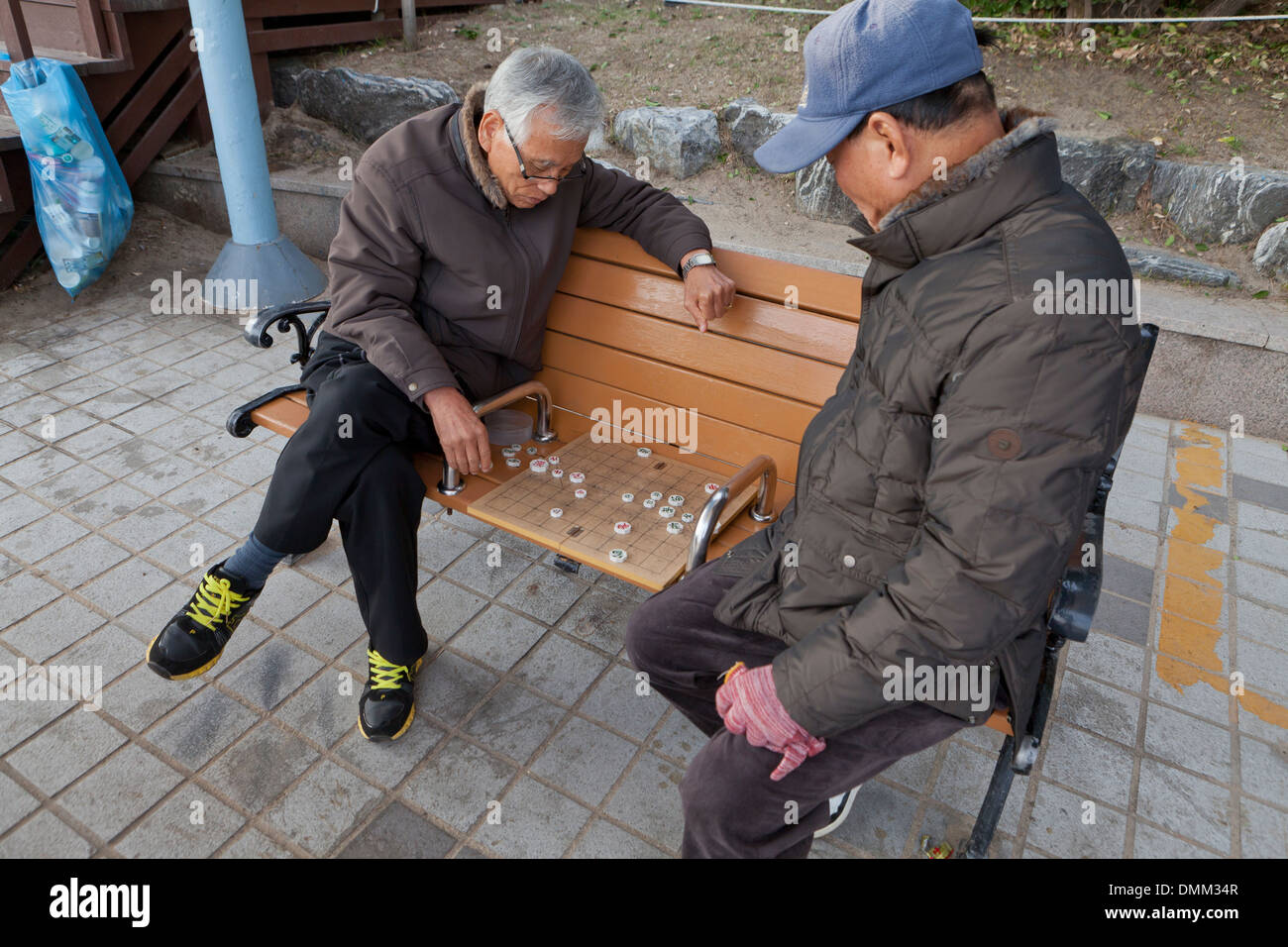 Les aînés jouent Janggi (coréen) d'échecs en plein air sur le banc de parc - Busan, Corée du Sud Banque D'Images