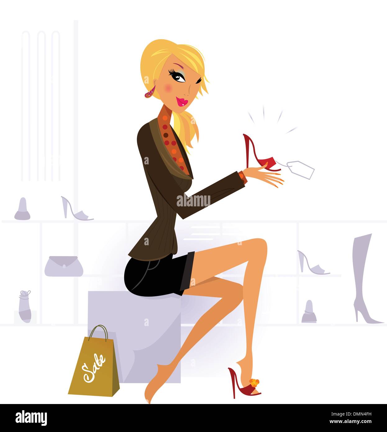 Femme aux cheveux blonds mode d'achat en magasin de chaussures rouge Illustration de Vecteur