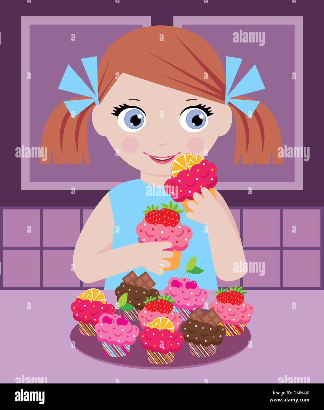 Petite fille en cuisine avec cupcakes Illustration de Vecteur