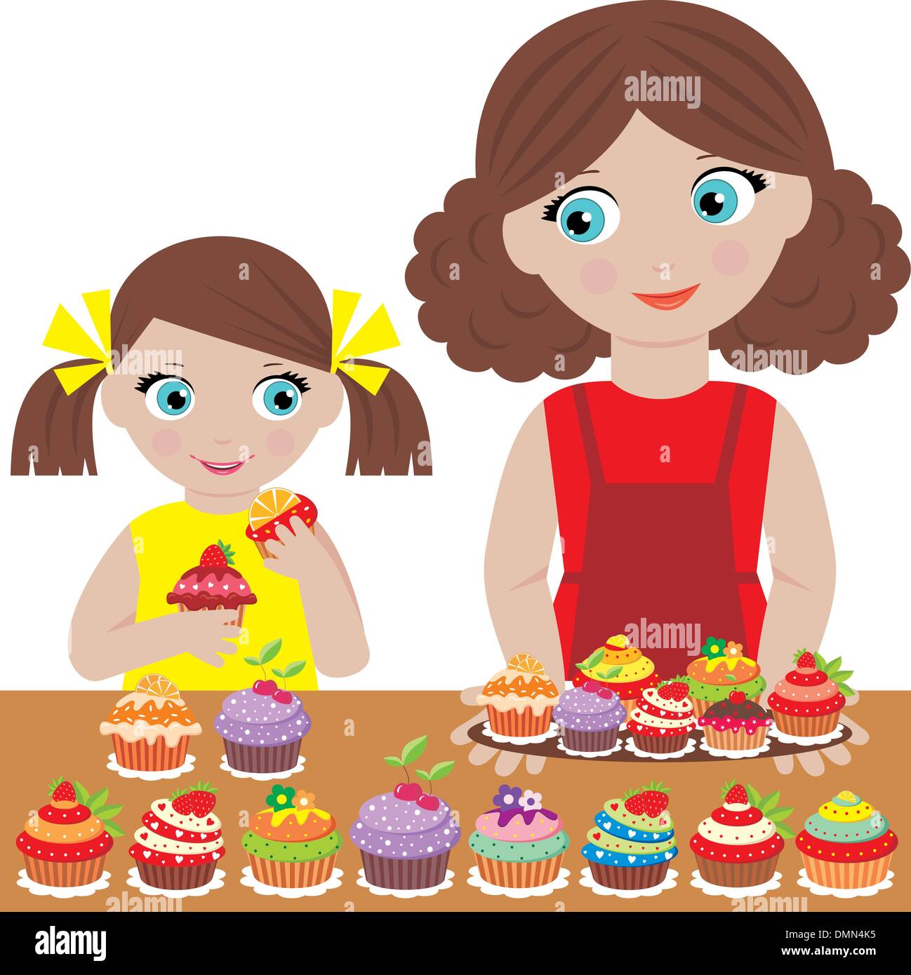Mère avec la fille bake cupcakes Illustration de Vecteur