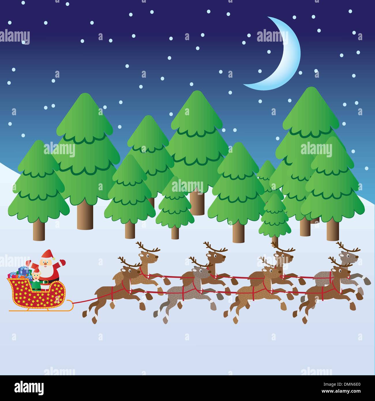 Père Noël en traîneau à cheval avec des daims. Illustration de Vecteur