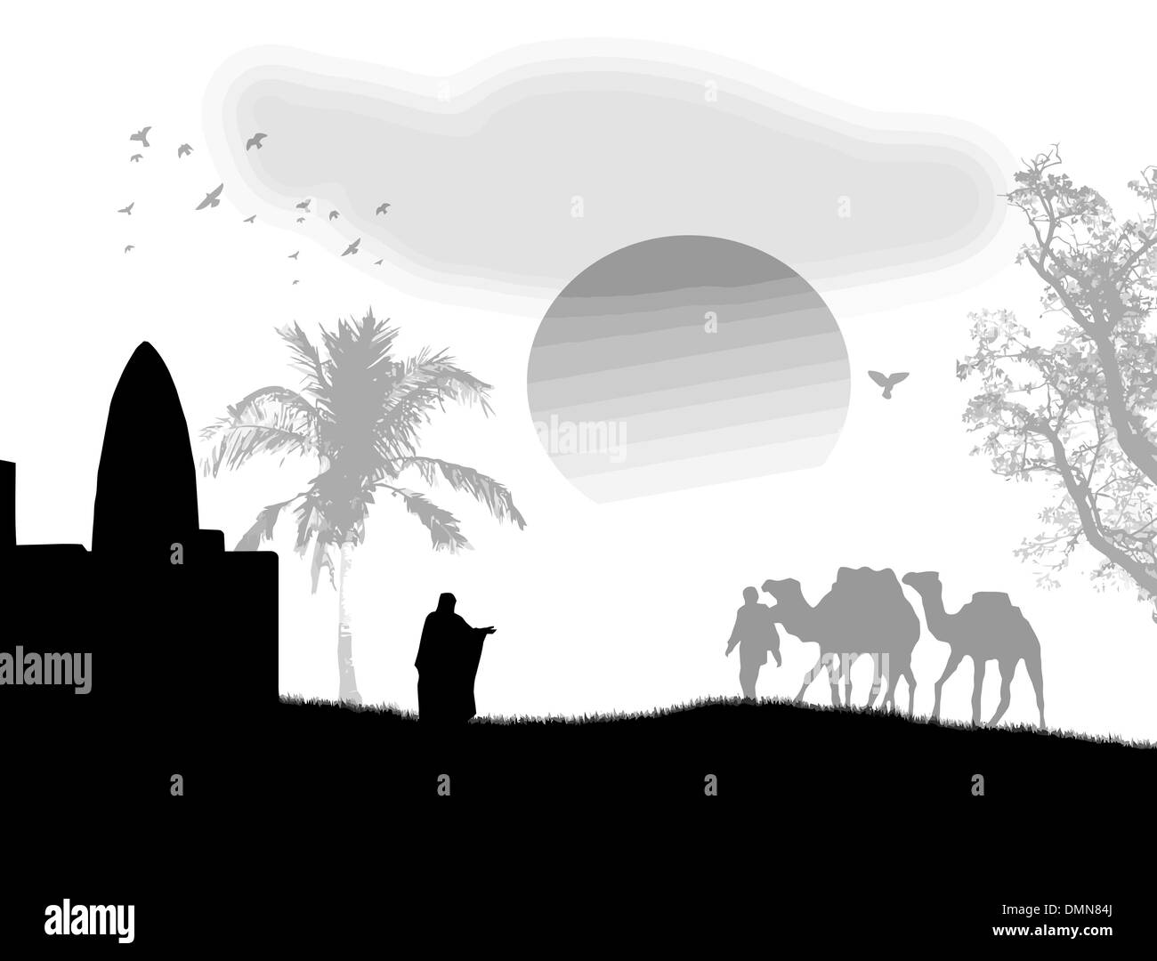Coucher du soleil d'arabie sur noir et blanc Illustration de Vecteur