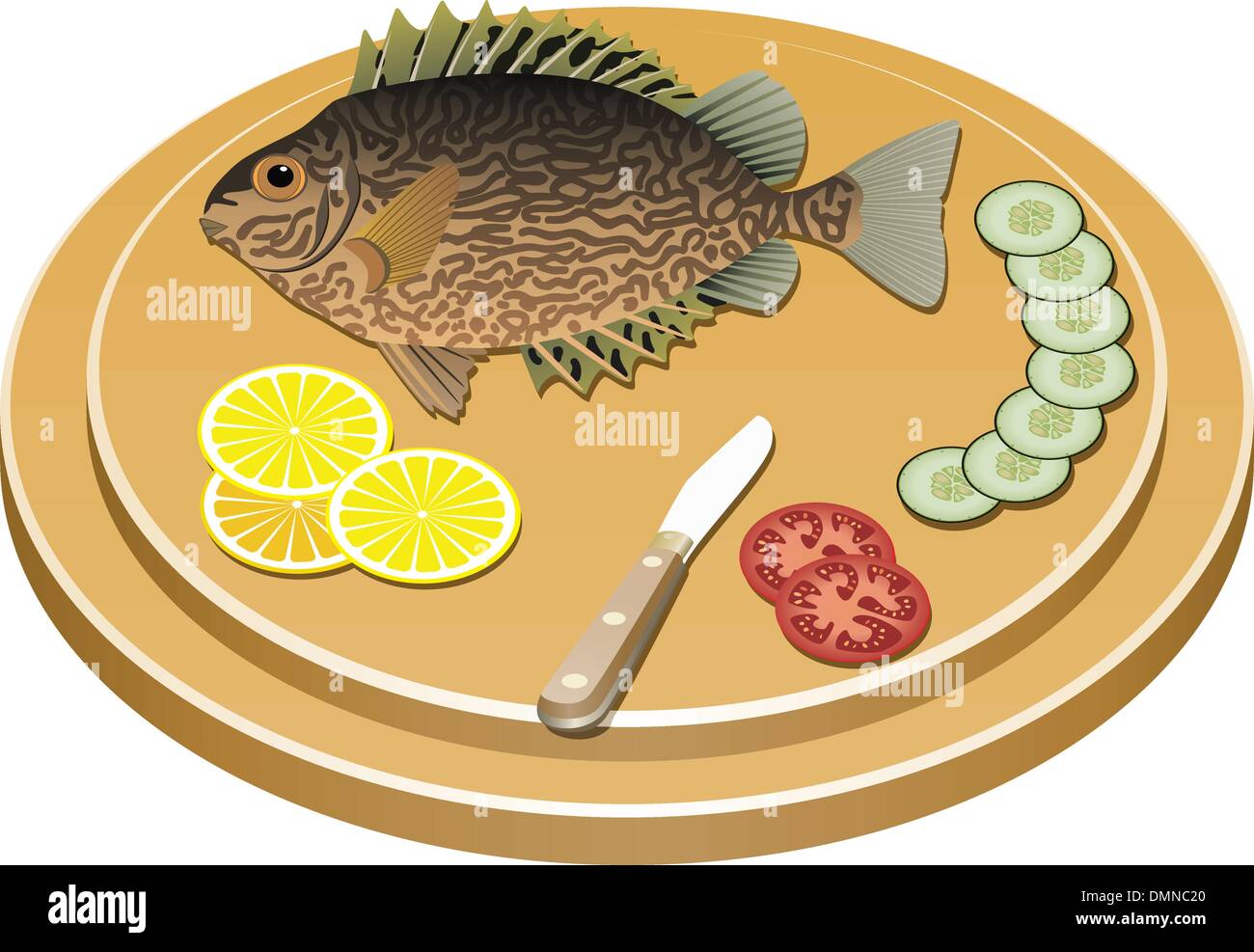 Vector le poisson cuit et les légumes crus à un conseil Illustration de Vecteur