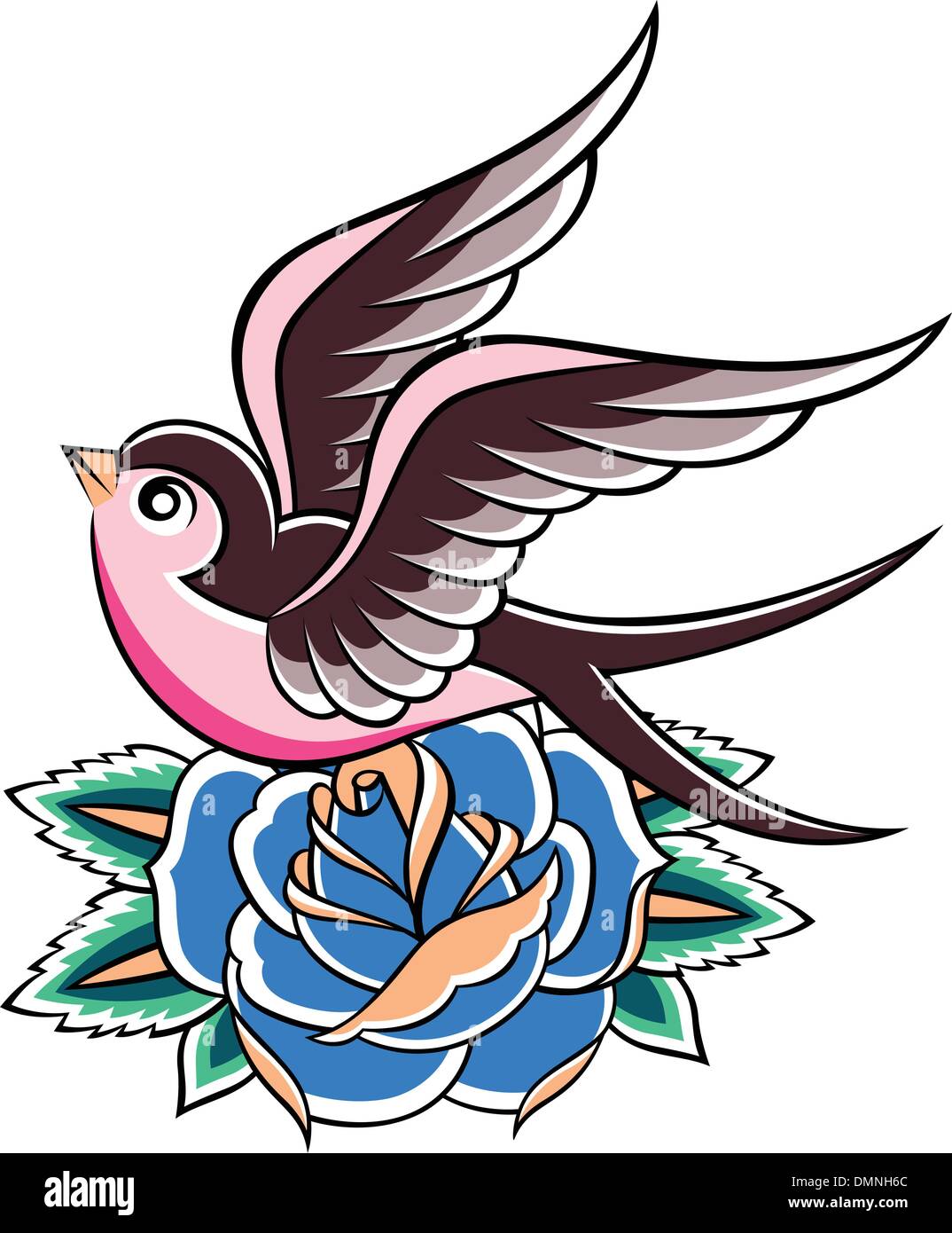 Swallow bird rose tattoo Illustration de Vecteur