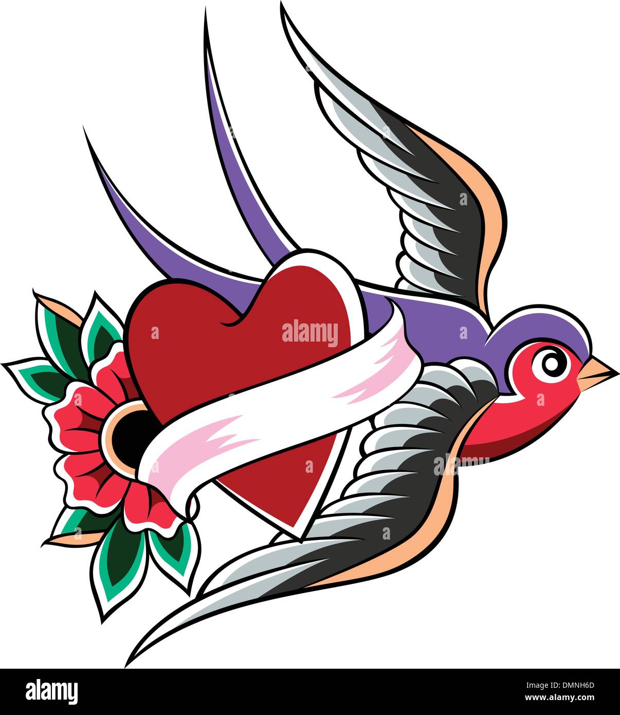 Oiseau hirondelle coeur fleur emblème Illustration de Vecteur