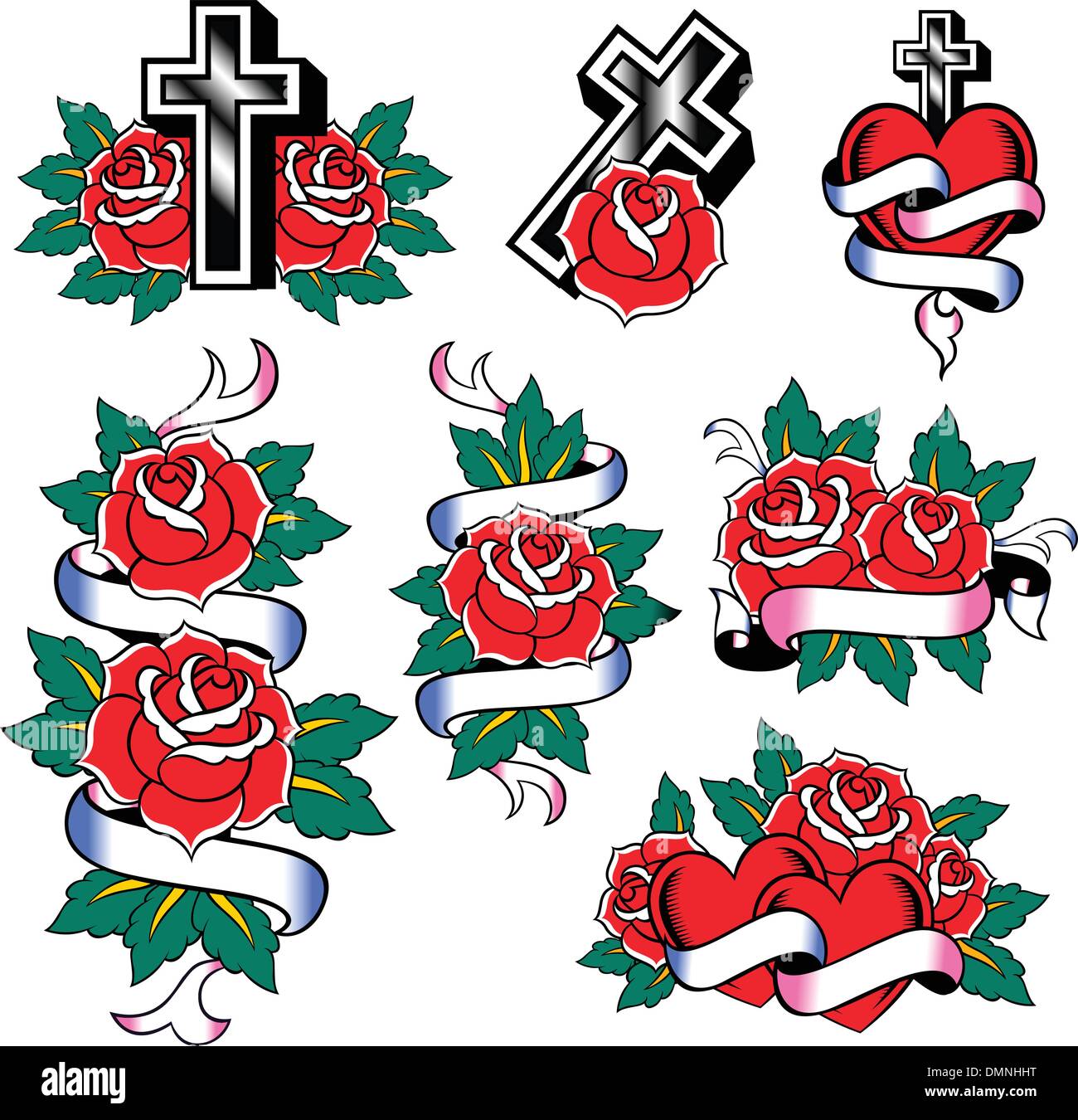 Rose, croix, symbole coeur tattoo Illustration de Vecteur