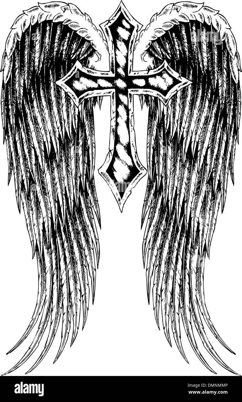 Croix et tatouage aile Illustration de Vecteur