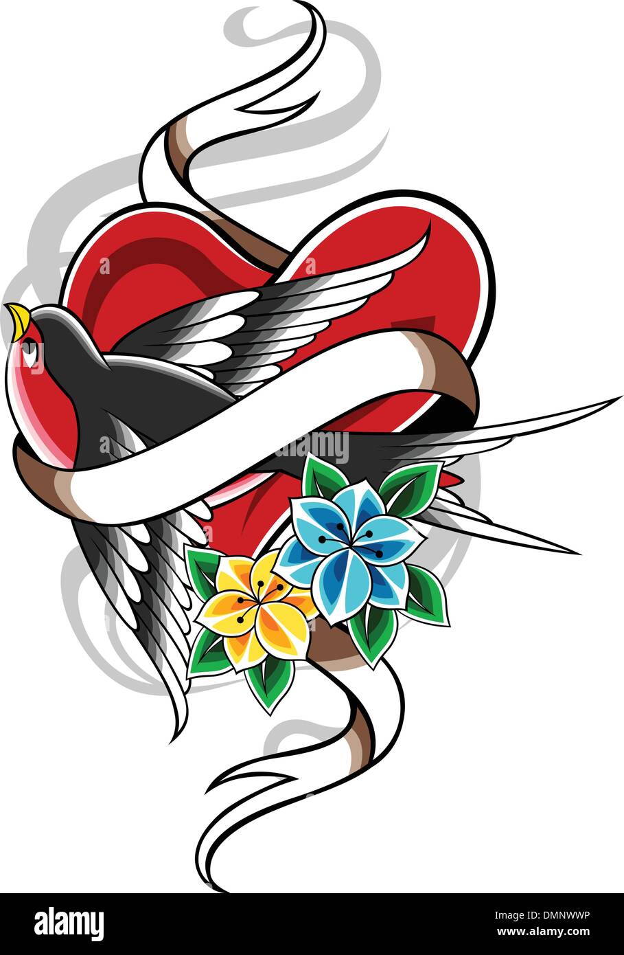 Coeur fleur d'oiseau emblème de tatouage Illustration de Vecteur