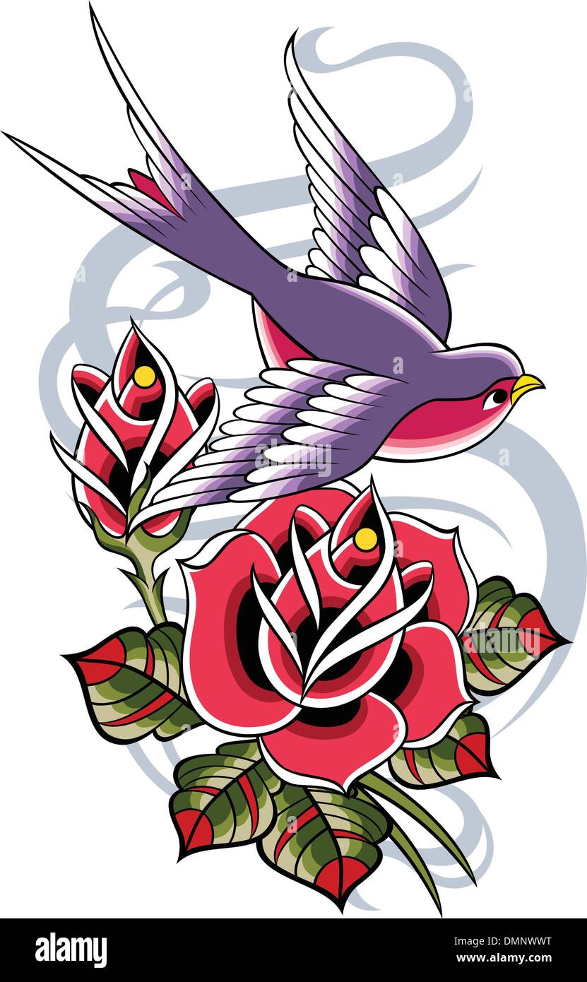 Oiseau avec fleur rose Illustration de Vecteur