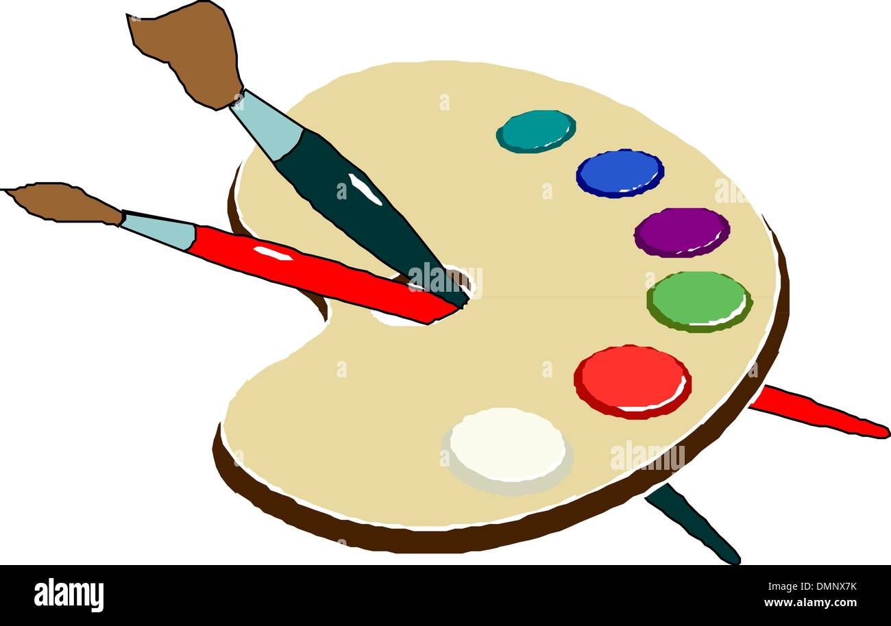 Palette en bois avec des peintures et des pinceaux - vector illustration. Illustration de Vecteur