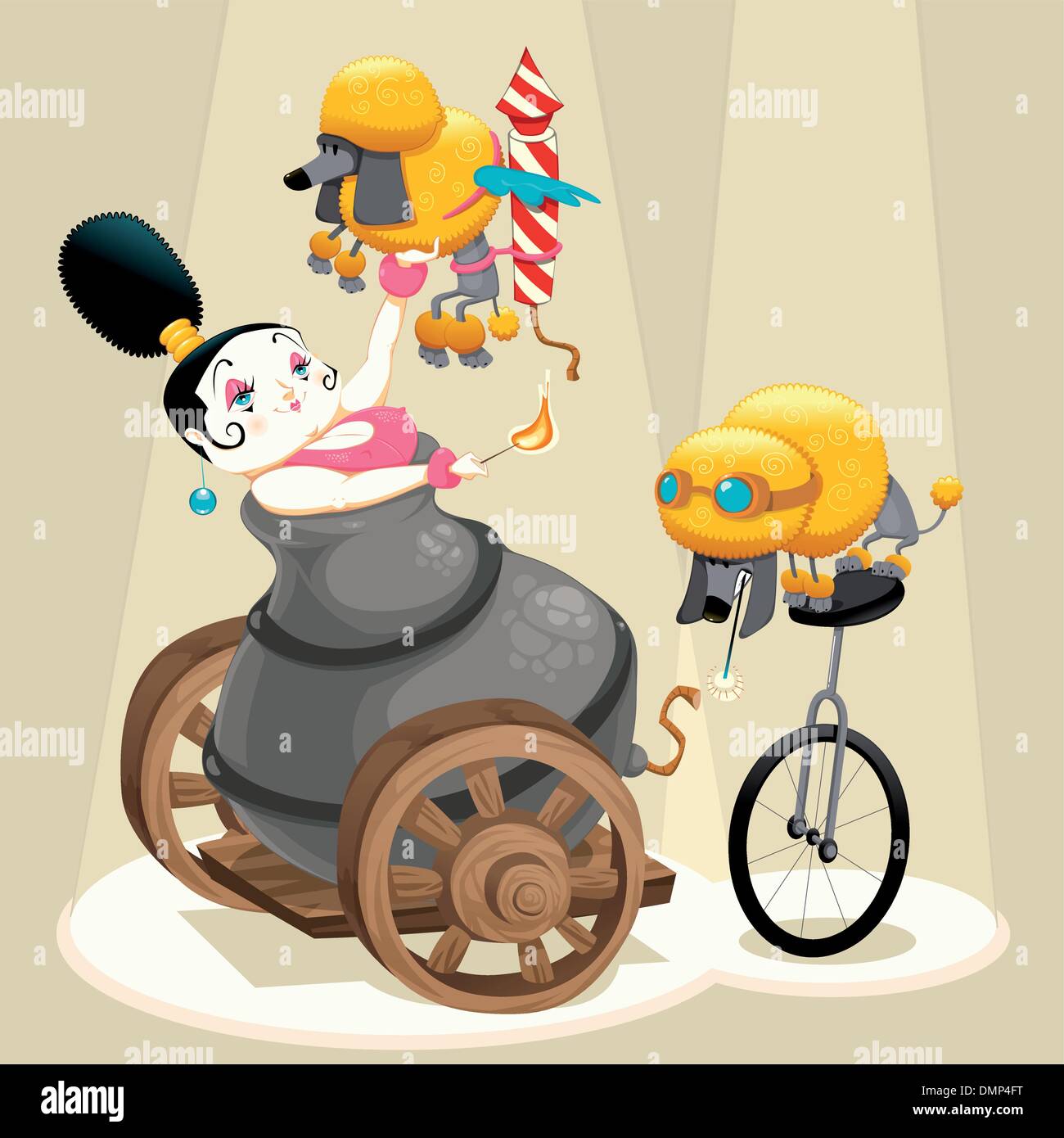 Femme avec Cannon et teckels dans le cirque. Illustration de Vecteur