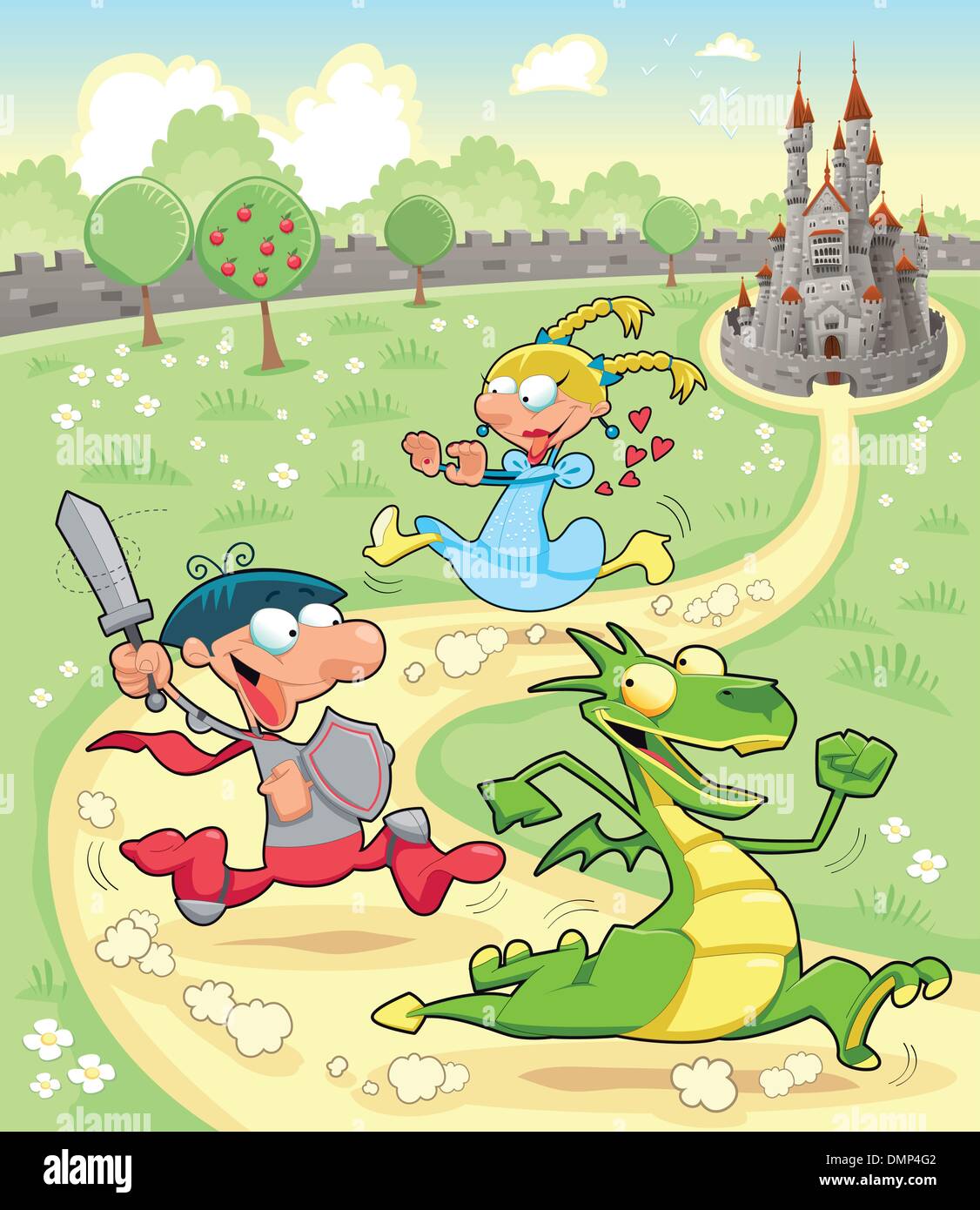 Dragon, Prince et Princesse avec arrière-plan. Illustration de Vecteur