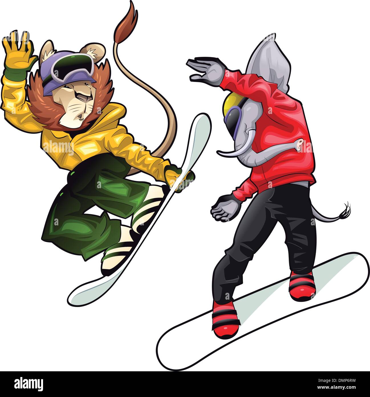 Les animaux de la savane sur le snowboard. Illustration de Vecteur