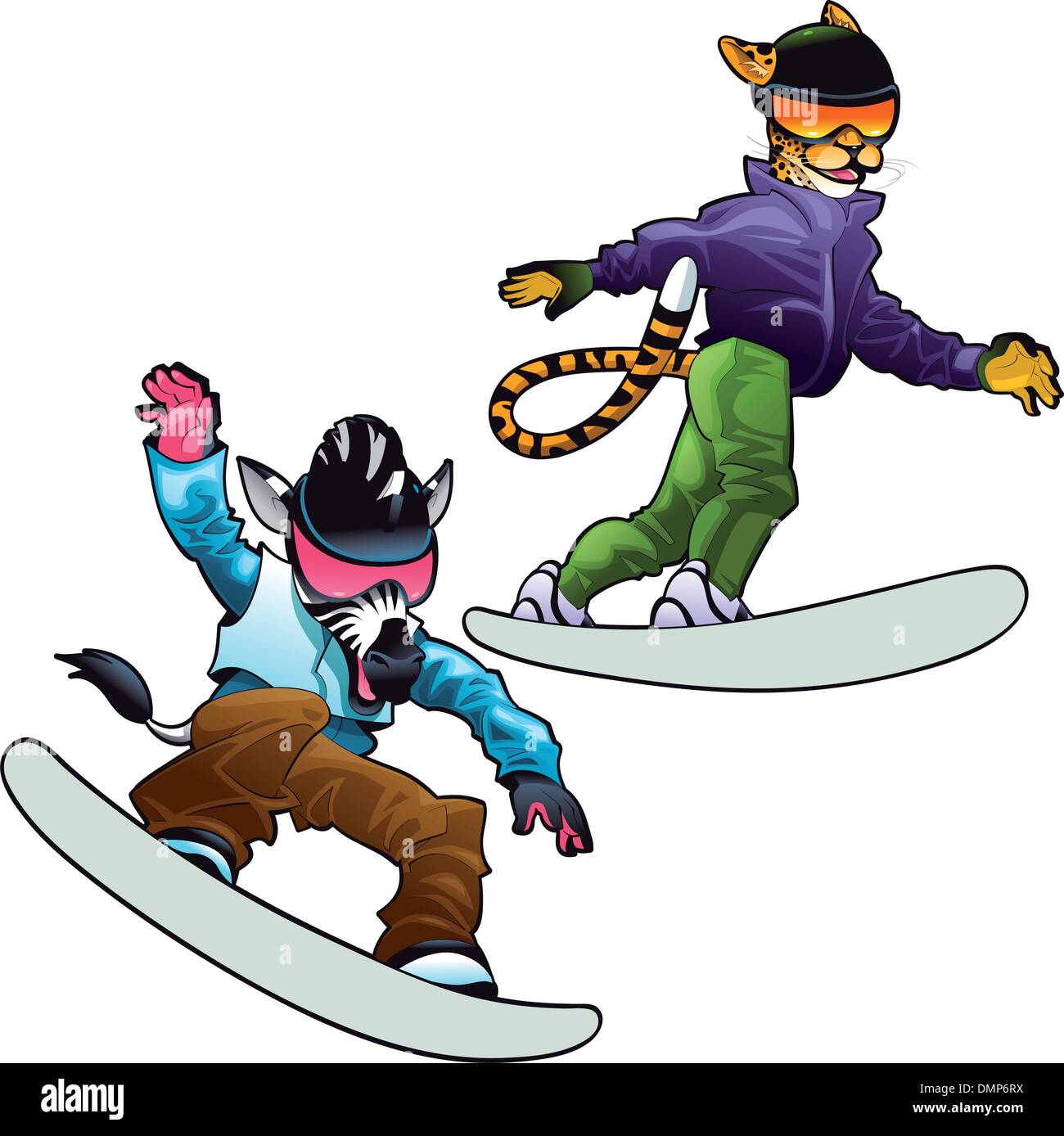 Les animaux de la savane sur le snowboard. Illustration de Vecteur