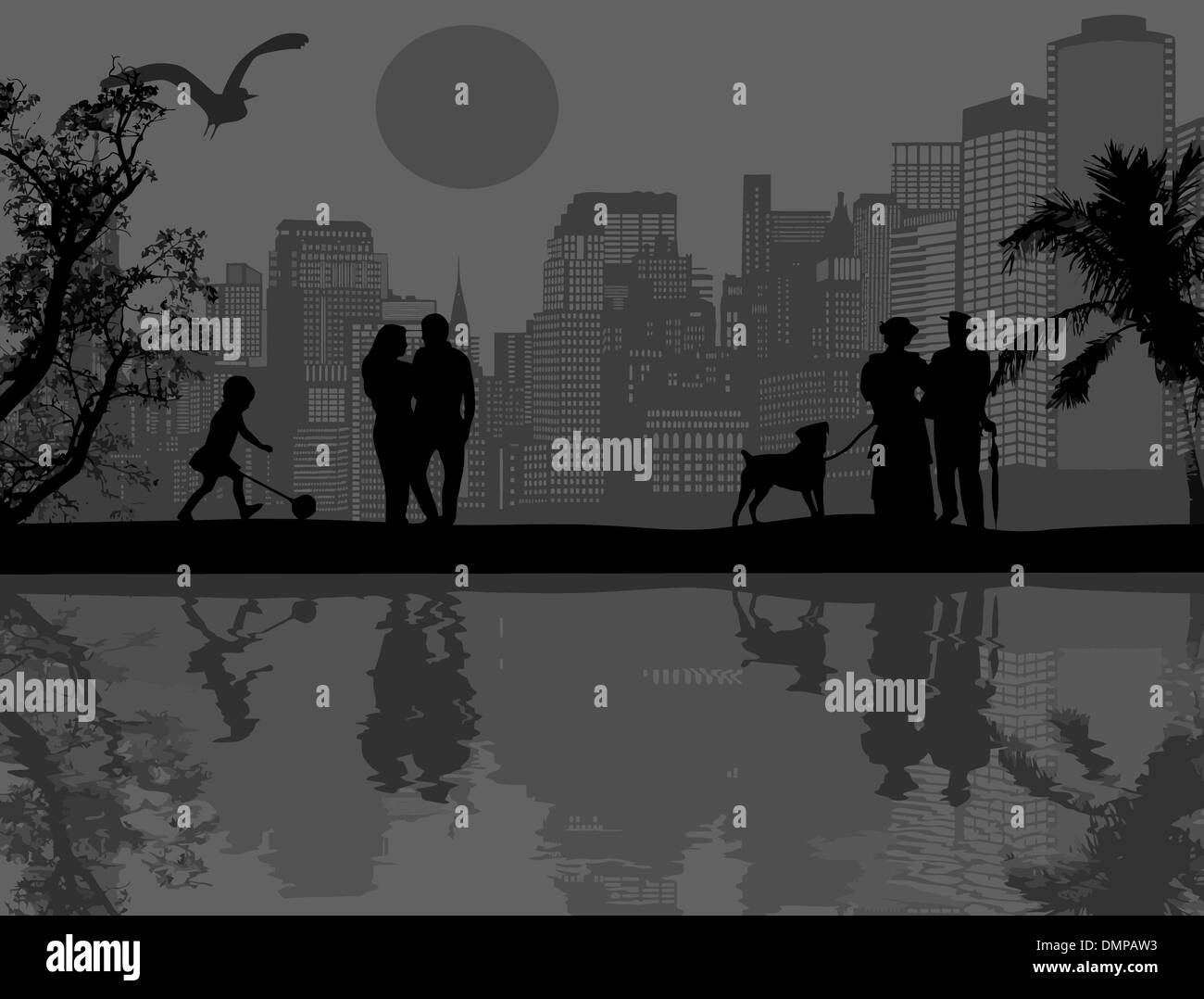 Beau paysage et les gens silhouette Illustration de Vecteur