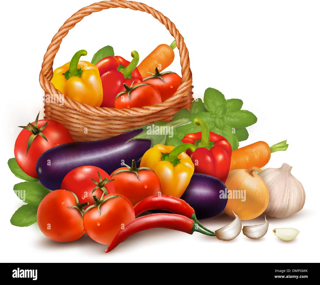 Arrière-plan avec des légumes frais dans le panier. Alimentation saine. Vector Illustration de Vecteur
