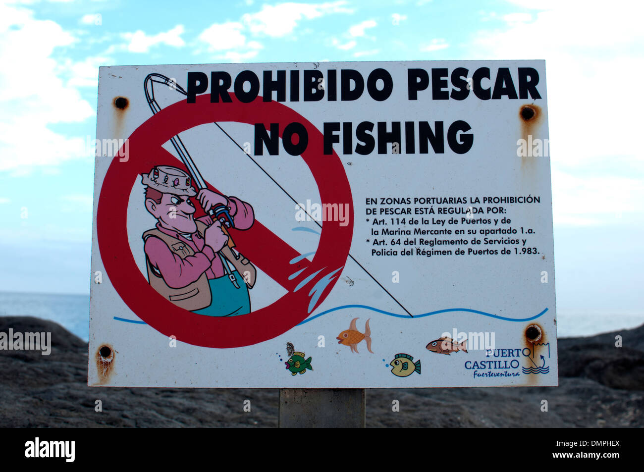 Aucun signe de pêche, Caleta de Fuste, Fuerteventura, Îles Canaries, Espagne. Banque D'Images