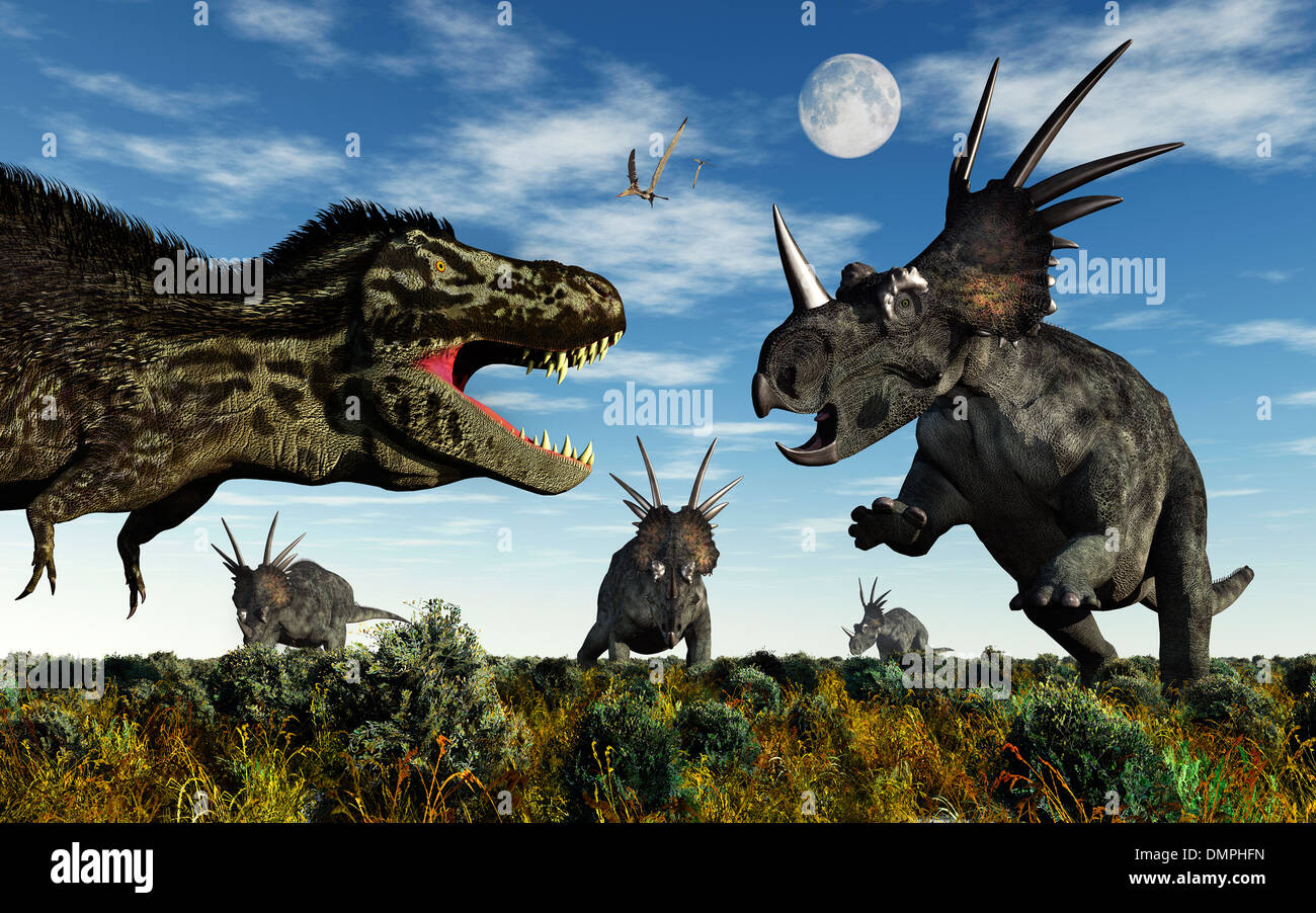 Un T.Rex dinosaures carnivores auxquels un troupeau de dinosaures