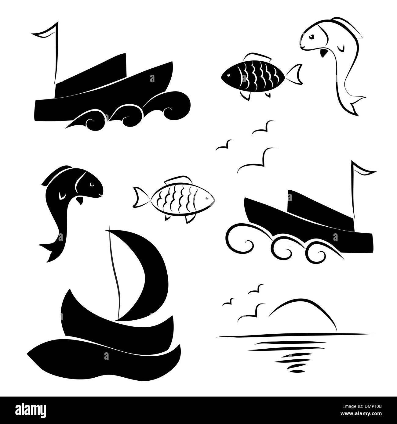 Silhouette de bateaux et poissons Illustration de Vecteur