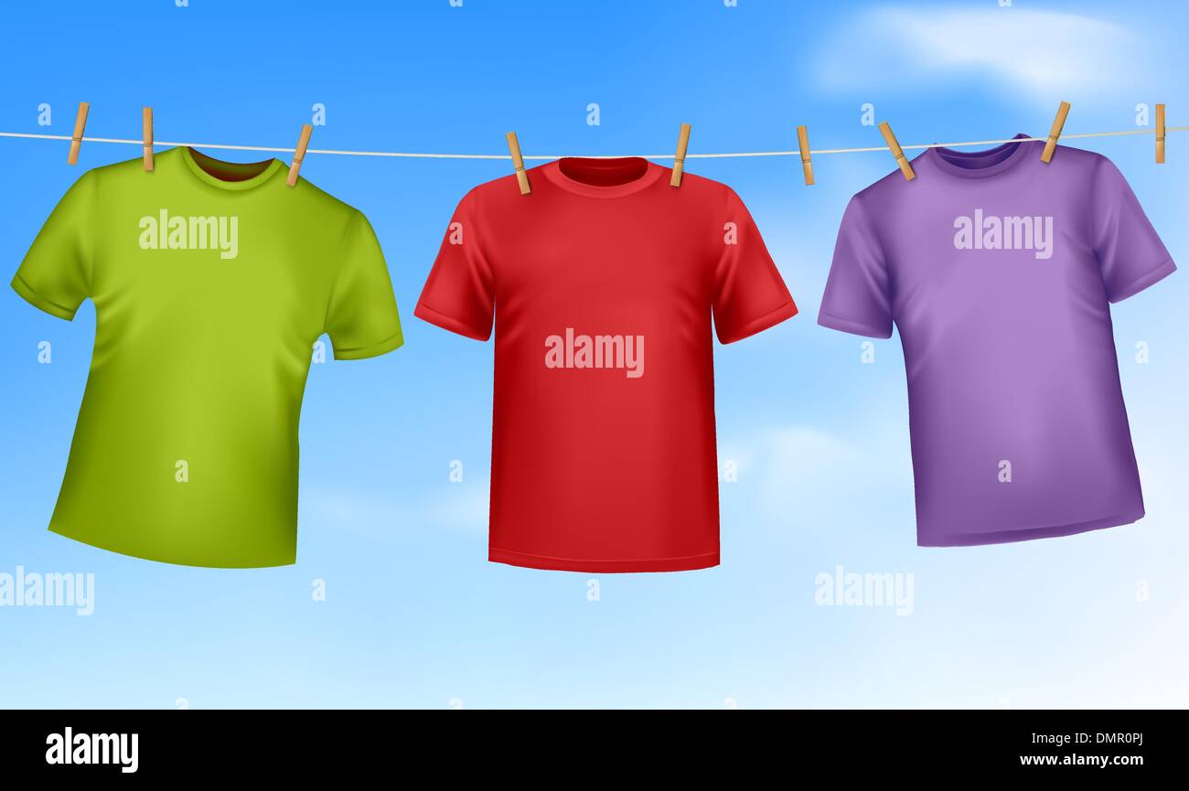 Ensemble de t-shirts colorés accrochés sur une corde à linge. Illustration de Vecteur